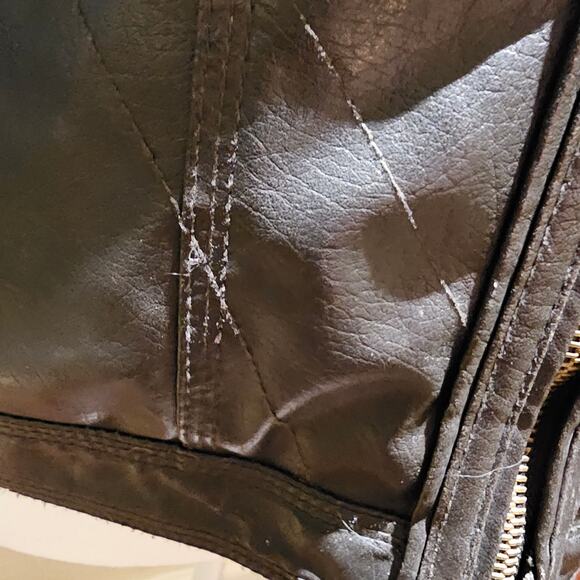 Freda M Brown Faux Leather Moto Jacket Gold Zip Pockets Vegan PVC Lined - Picture 8 of 13